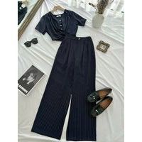 Set bộ kẻ áo croptop cổ tim xoắn eo phối quần ống rộng A1670