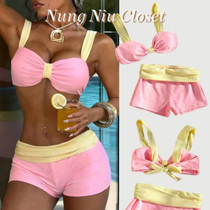 Set Bikini 𝐒𝐦𝐨𝐨𝐭𝐡𝐢𝐞𝐬 Hồng Baby Phối Viền Vàng Chanh Đi Biển Mùa Hè