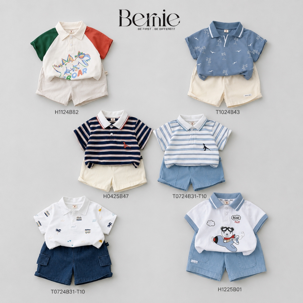 Set đồ bé trai đi chơi đi học Bernie - Quà tặng sinh nhật bé trai mẫu giáo - Bộ cộc tay bé trai 9-26kg - P1224B18