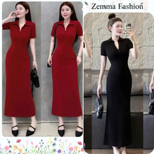 Đầm thun gân ôm body dáng dài basic màu đen đỏ siêu tôn dáng outfit đi cafe du lịch hot trend HCOM25124