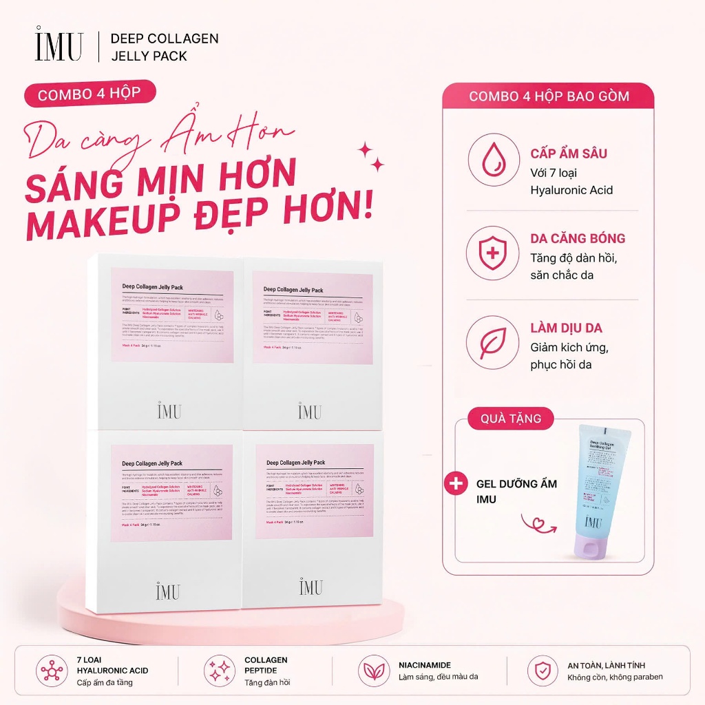Combo 4 Hộp Mặt Nạ Thạch IMU Deep Collagen Jelly Pack Cấp Ẩm, Phục Hồi, Dưỡng Sáng, Ngừa Lão Hóa Mờ Nhăn 34g (16 Miếng)