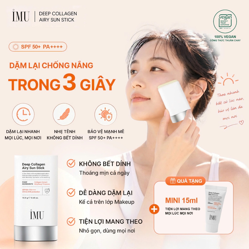 Sáp Chống Nắng Vegan Thỏi IMU Deep Collagen Sun Stick 18.5g SPF50+ PA++++,Kiềm Dầu, Cấp Ẩm, Mỏng Nhẹ