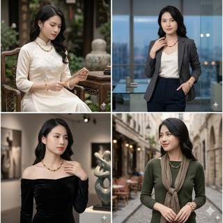 [N1124] Vòng Tay, Vòng Cổ, Mix Ngọc Nhân Tạo Kem Xám Vàng Và Đá Mắt Hổ Tự Nhiên - DAISYN