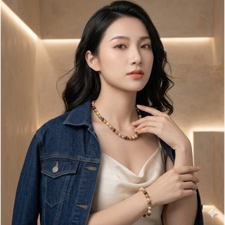 [N1124] Vòng Tay, Vòng Cổ, Mix Ngọc Nhân Tạo Kem Xám Vàng Và Đá Mắt Hổ Tự Nhiên - DAISYN
