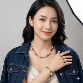 [N1124] Vòng Tay, Vòng Cổ, Mix Ngọc Nhân Tạo Kem Xám Vàng Và Đá Mắt Hổ Tự Nhiên - DAISYN