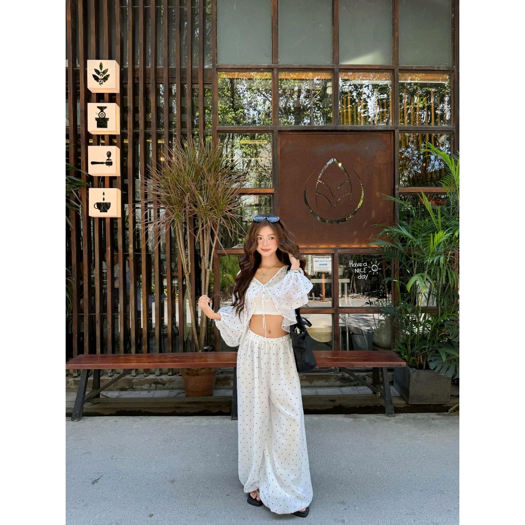 Set Nữ Chấm Bi FOWSA Áo Cardigan Kèm Áo Hai Dây Và Quần Bí Dài Dễ Thương Mùa Hè SECODEE