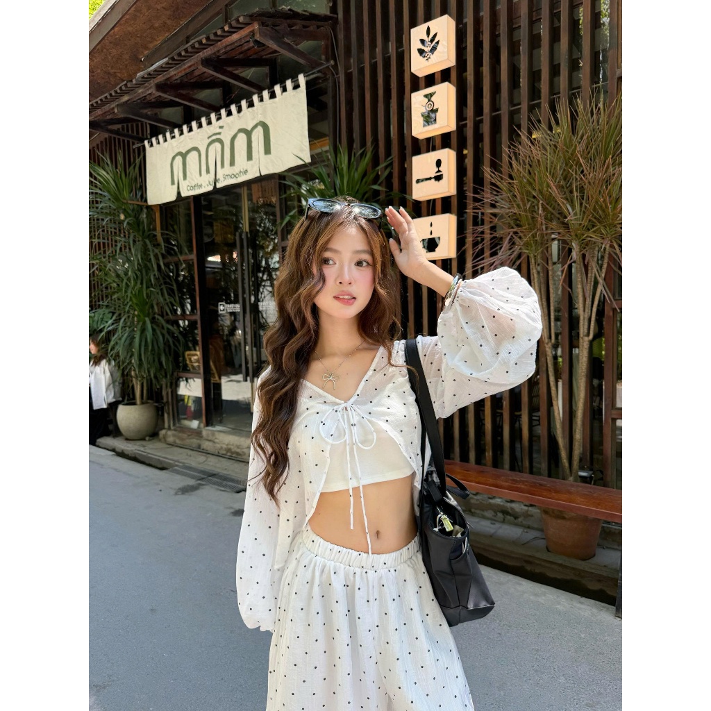 Set Nữ Chấm Bi FOWSA Áo Cardigan Kèm Áo Hai Dây Và Quần Bí Dài Dễ Thương Mùa Hè SECODEE
