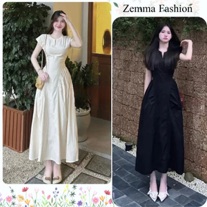 Váy maxi tay hến cổ V xẻ nhún eo dáng xòe rộng màu đen/trắng kem đi làm công sở cực xinh D1800