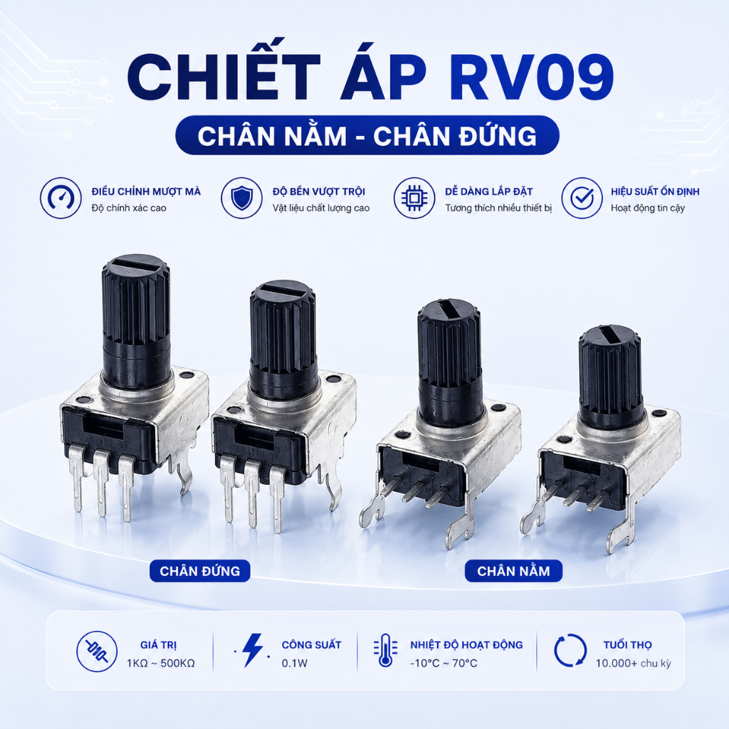Chiết áp đơn RV09 1K - 100K 3 chân nằm chân đứng chính hãng ilinhkien
