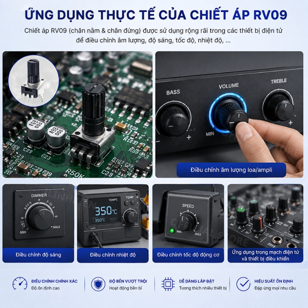 Chiết áp đơn RV09 1K - 100K 3 chân nằm chân đứng chính hãng ilinhkien
