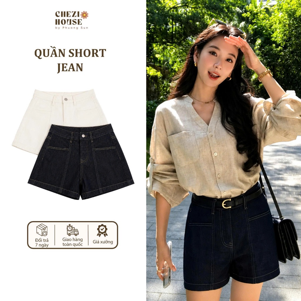 Quần Short Jean Nữ Cạp Cao Form A, Quần Đùi Bò Tôn Dáng Hack Chân Dài Màu Xanh Than / Trắng #8517 CHEZI HOUSE