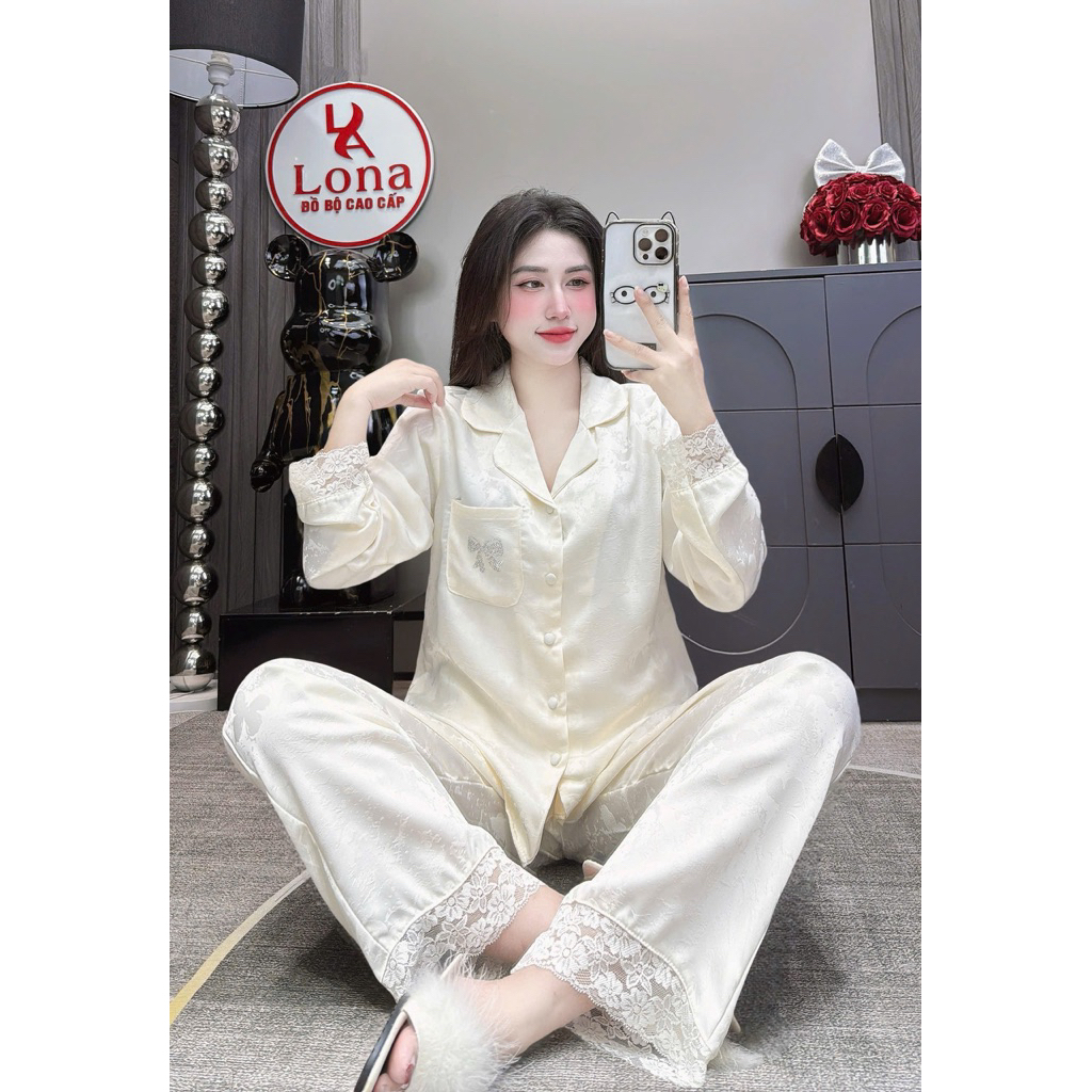 (40-60kg) Bộ tay DàI quần dài chất lụa thêu  Vải mềm mát dành cho chị em