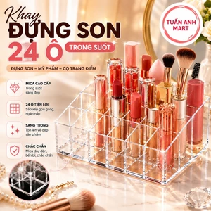 Combo 2 Khay đựng son 24 ô trong suốt, khay đựng son và mỹ phẩm loại nhỏ cùng cọ trang điểm chất liệu mica