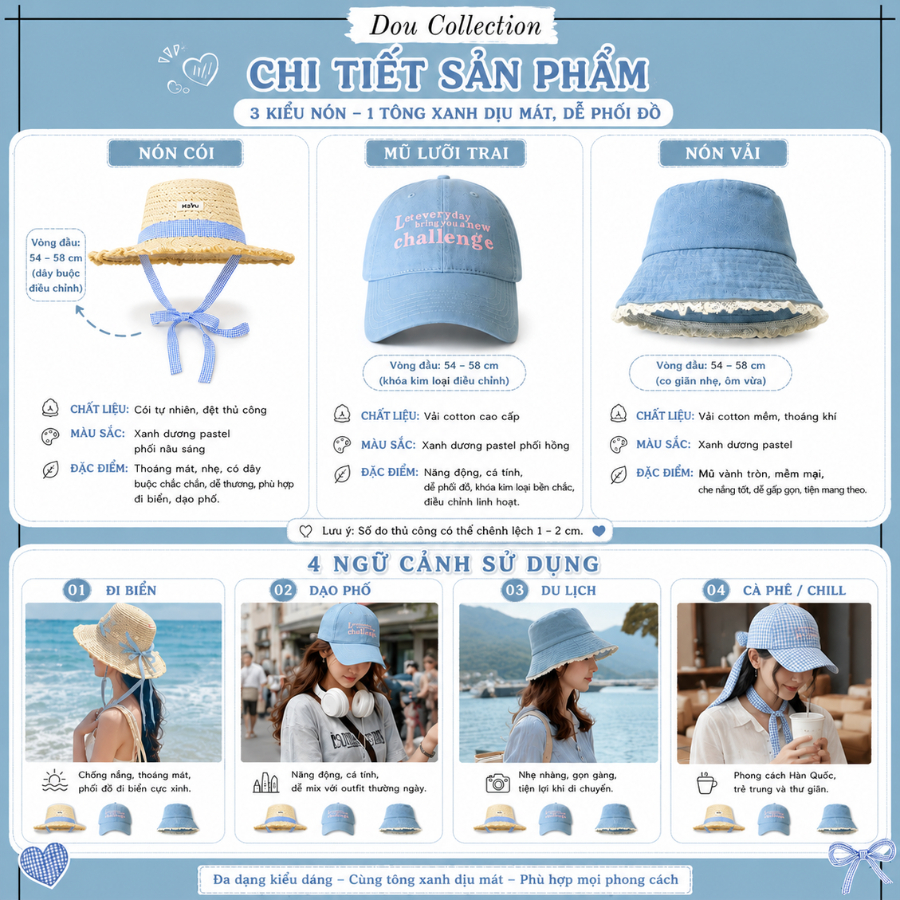 Mũ Lưỡi Trai Unisex, Nón Cói, Mũ Tai Bèo Chống Nắng Tone Xanh Dương Tươi Sáng Thời Trang Mùa Hè Năng Động - Mã THM04