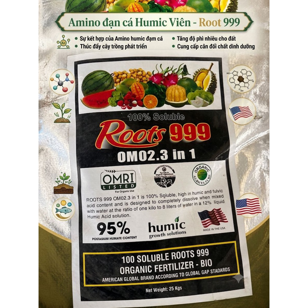 AMINO ĐẠM CÁ HUMIC VIÊN - Root999- Kích rễ, đâm chồi, phát lộc, phục hồi cây sau thu hoạch, tăng độ ngọt đẹp quả đẹp mã