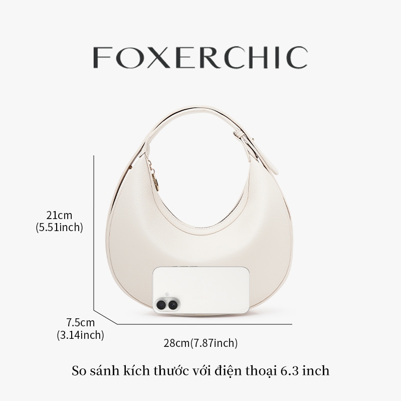 FOXERCHIC Trăng lưỡi liềm phong cách tối giản màu trắng nhạt Túi xách nữ da mềm màu trơn để mua sắm, hẹn hò và đi lại