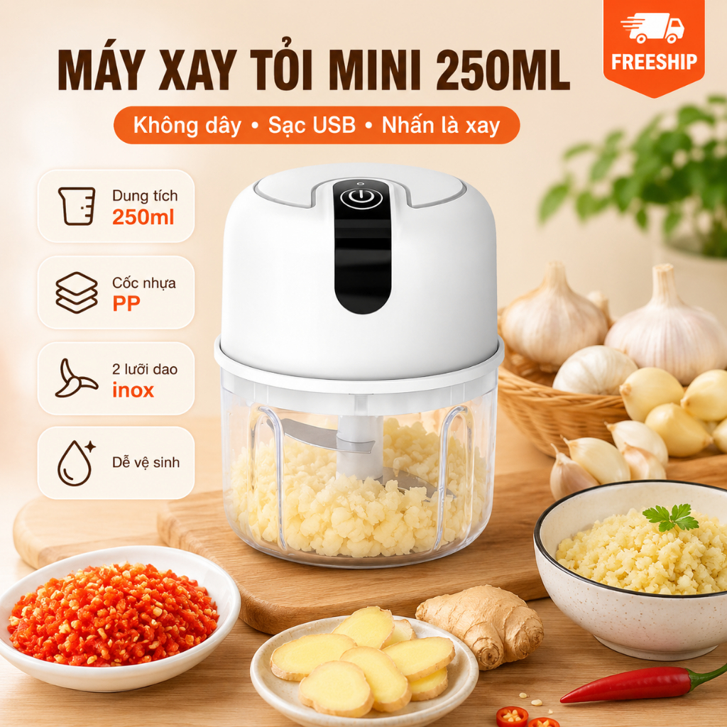 Máy Xay Tỏi Mini 250ml Không Dây｜Sạc USB｜Xay Tỏi, Ớt, Gừng｜Nhấn Là Xay｜Dễ Vệ Sinh