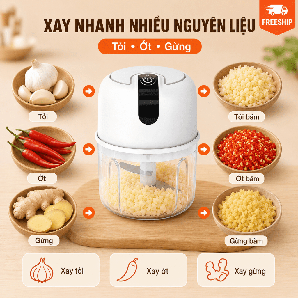 Máy Xay Tỏi Mini 250ml Không Dây｜Sạc USB｜Xay Tỏi, Ớt, Gừng｜Nhấn Là Xay｜Dễ Vệ Sinh