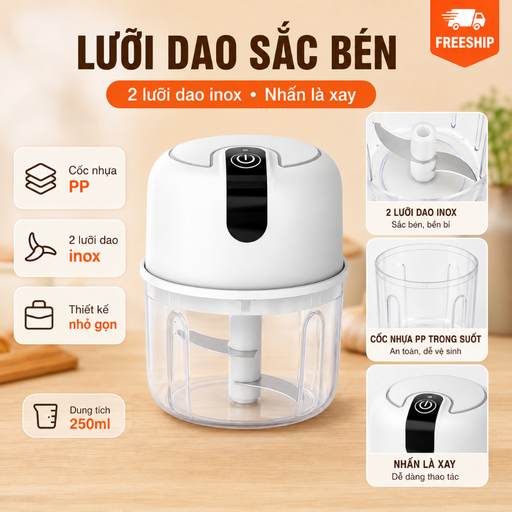 Máy Xay Tỏi Mini 250ml Không Dây｜Sạc USB｜Xay Tỏi, Ớt, Gừng｜Nhấn Là Xay｜Dễ Vệ Sinh