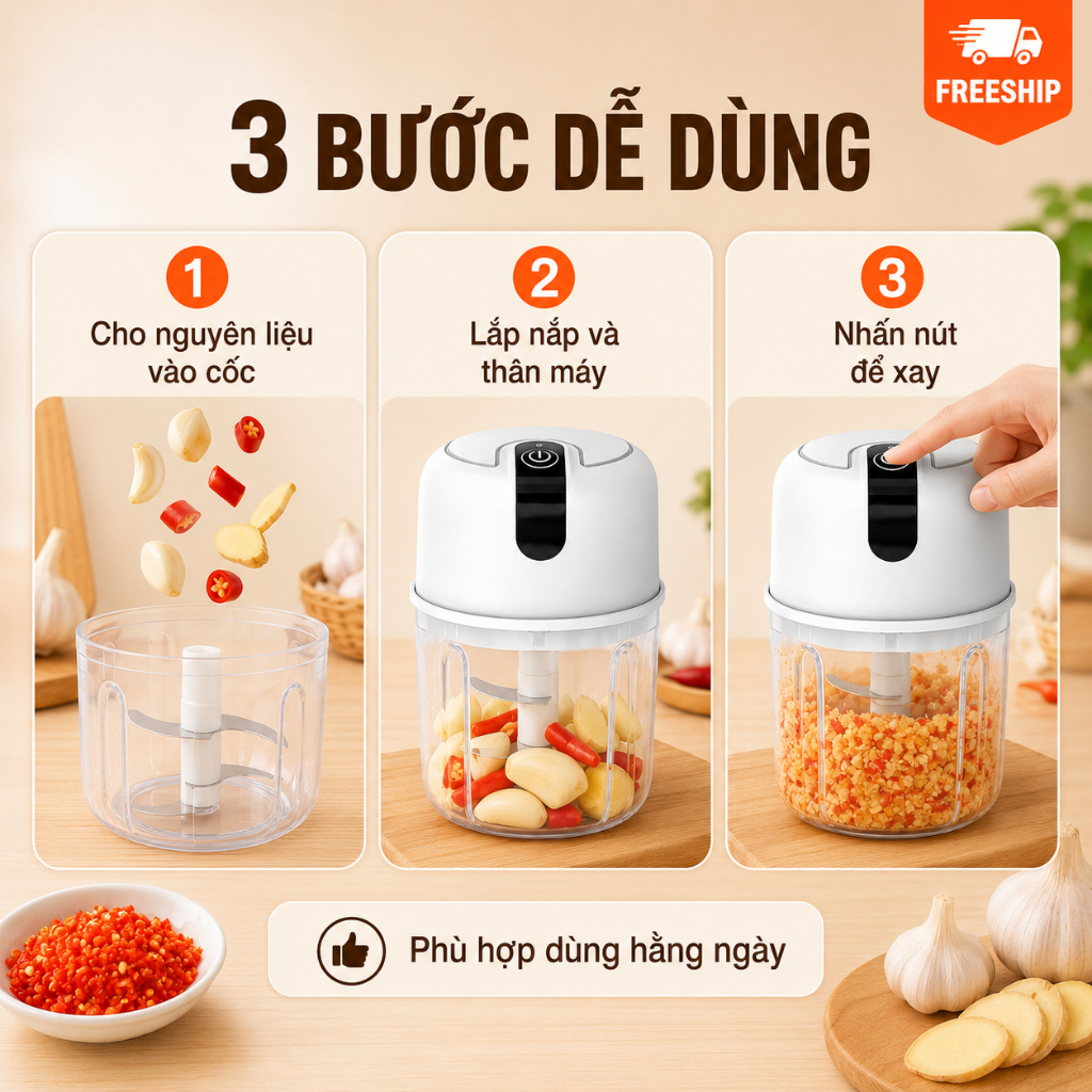 Máy Xay Tỏi Mini 250ml Không Dây｜Sạc USB｜Xay Tỏi, Ớt, Gừng｜Nhấn Là Xay｜Dễ Vệ Sinh