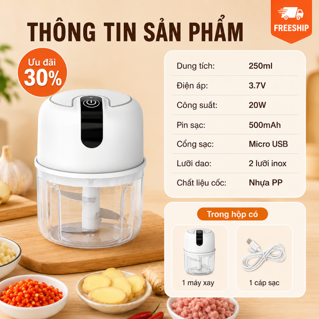 Máy Xay Tỏi Mini 250ml Không Dây｜Sạc USB｜Xay Tỏi, Ớt, Gừng｜Nhấn Là Xay｜Dễ Vệ Sinh