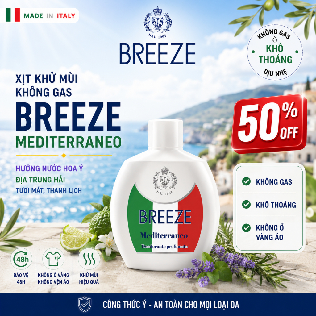 [GIẢM 50%] Xịt Khử Mùi Cơ Thể Không Gas Breeze Squeeze Mediterraneo 100ml – Hương Ý – Khử Mùi 48h