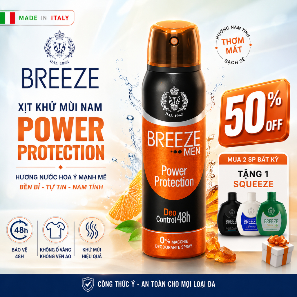 [SIÊU ƯU ĐÃI 50%] Xịt Khử Mùi Nam Breeze Men Power Protection 150ml – Hương Nước Hoa Ý – Khử Mùi 48h