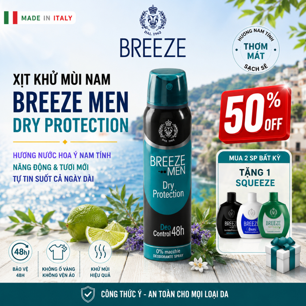 [SIÊU ƯU ĐÃI 50%] Xịt Khử Mùi Nam Breeze Dry Protection 150ml – Hương Nước Hoa Ý – 48h Khô Thoáng & Ngăn Mồ Hôi