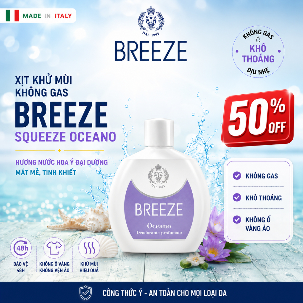 [SIÊU ƯU ĐÃI 50%] Xịt Khử Mùi Cơ Thể Không Gas Breeze Squeeze Oceano 100ml – 48h Thơm Mát Đại Dương