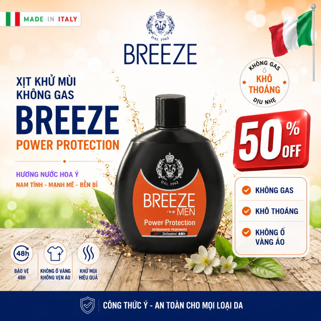 [SIÊU ƯU ĐÃI 50%] Xịt Khử Mùi Nam Không Gas Breeze Squeeze Power Protection 100ml – Khử Mùi 48h