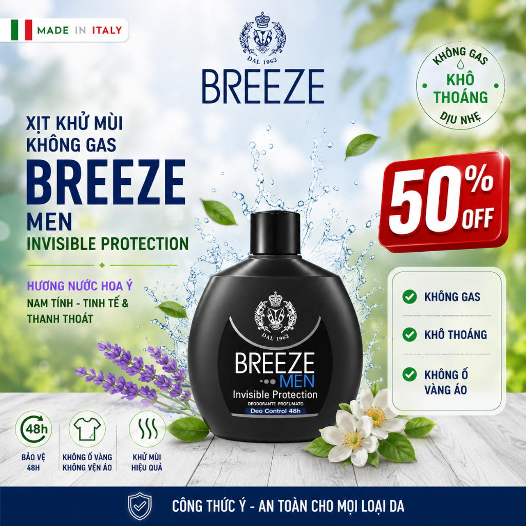 [SIÊU ƯU ĐÃI 50%] Xịt Khử Mùi Nam Không Gas Breeze Squeeze Invisible Protection 100ml – 48h khử mùi
