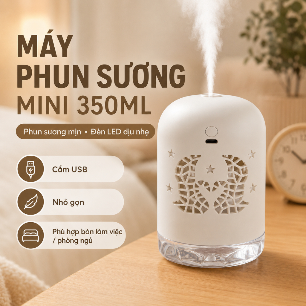Máy Phun Sương Tạo Ẩm Mini 350ml｜Đèn Ngủ Trăng Sao｜Cắm USB｜Cho Phòng Ngủ, Bàn Làm Việc