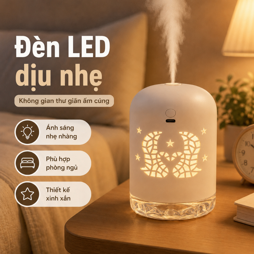 Máy Phun Sương Tạo Ẩm Mini 350ml｜Đèn Ngủ Trăng Sao｜Cắm USB｜Cho Phòng Ngủ, Bàn Làm Việc