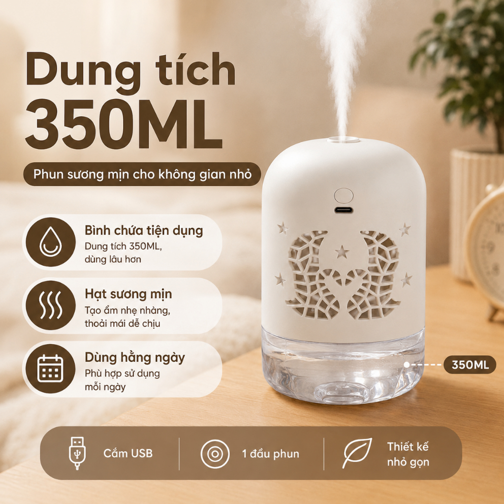Máy Phun Sương Tạo Ẩm Mini 350ml｜Đèn Ngủ Trăng Sao｜Cắm USB｜Cho Phòng Ngủ, Bàn Làm Việc