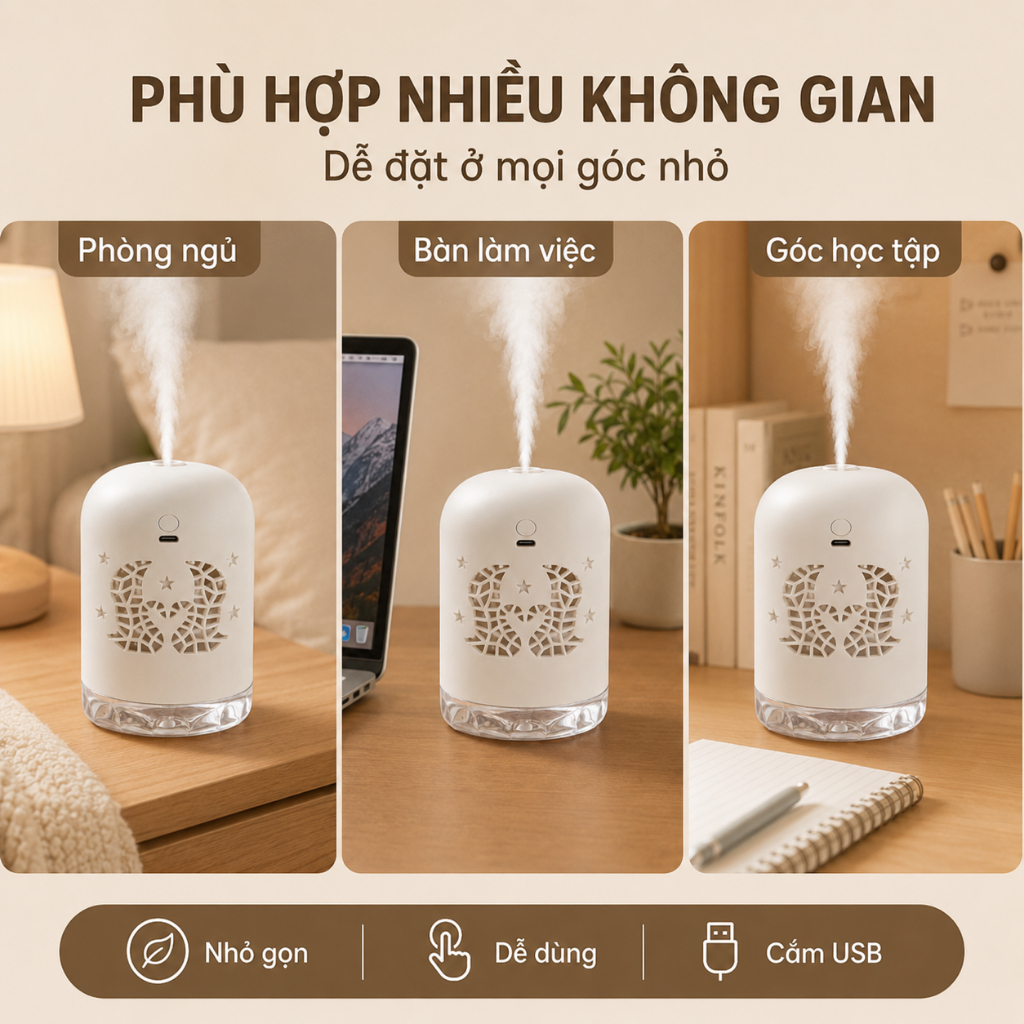 Máy Phun Sương Tạo Ẩm Mini 350ml｜Đèn Ngủ Trăng Sao｜Cắm USB｜Cho Phòng Ngủ, Bàn Làm Việc