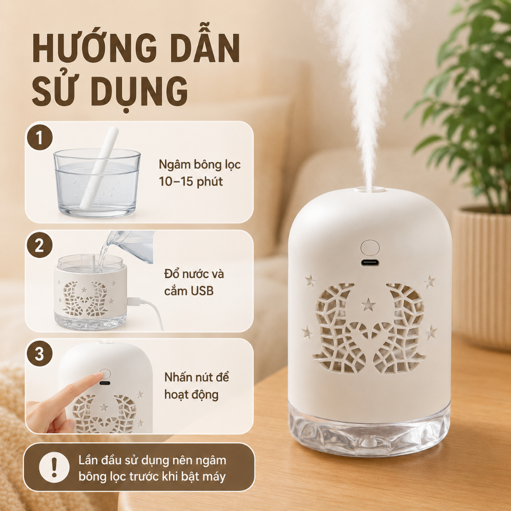 Máy Phun Sương Tạo Ẩm Mini 350ml｜Đèn Ngủ Trăng Sao｜Cắm USB｜Cho Phòng Ngủ, Bàn Làm Việc