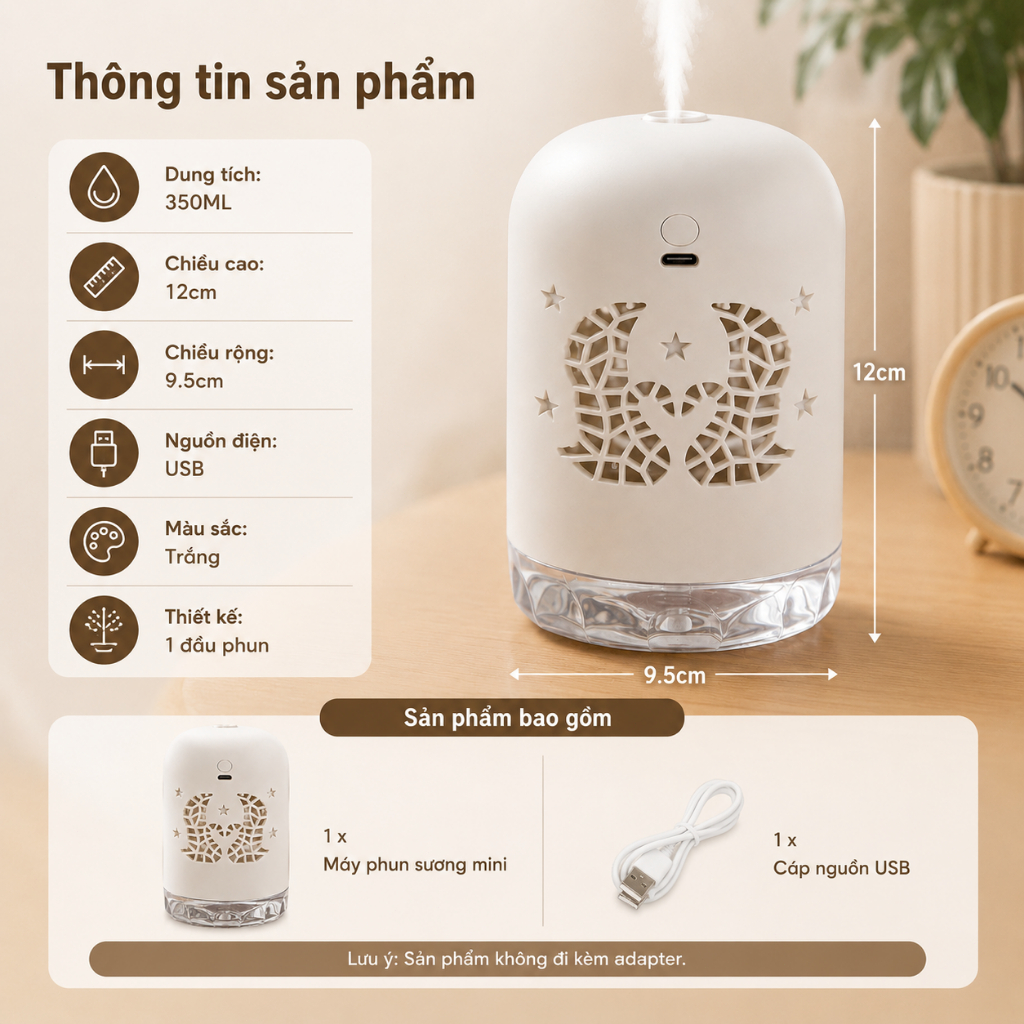 Máy Phun Sương Tạo Ẩm Mini 350ml｜Đèn Ngủ Trăng Sao｜Cắm USB｜Cho Phòng Ngủ, Bàn Làm Việc