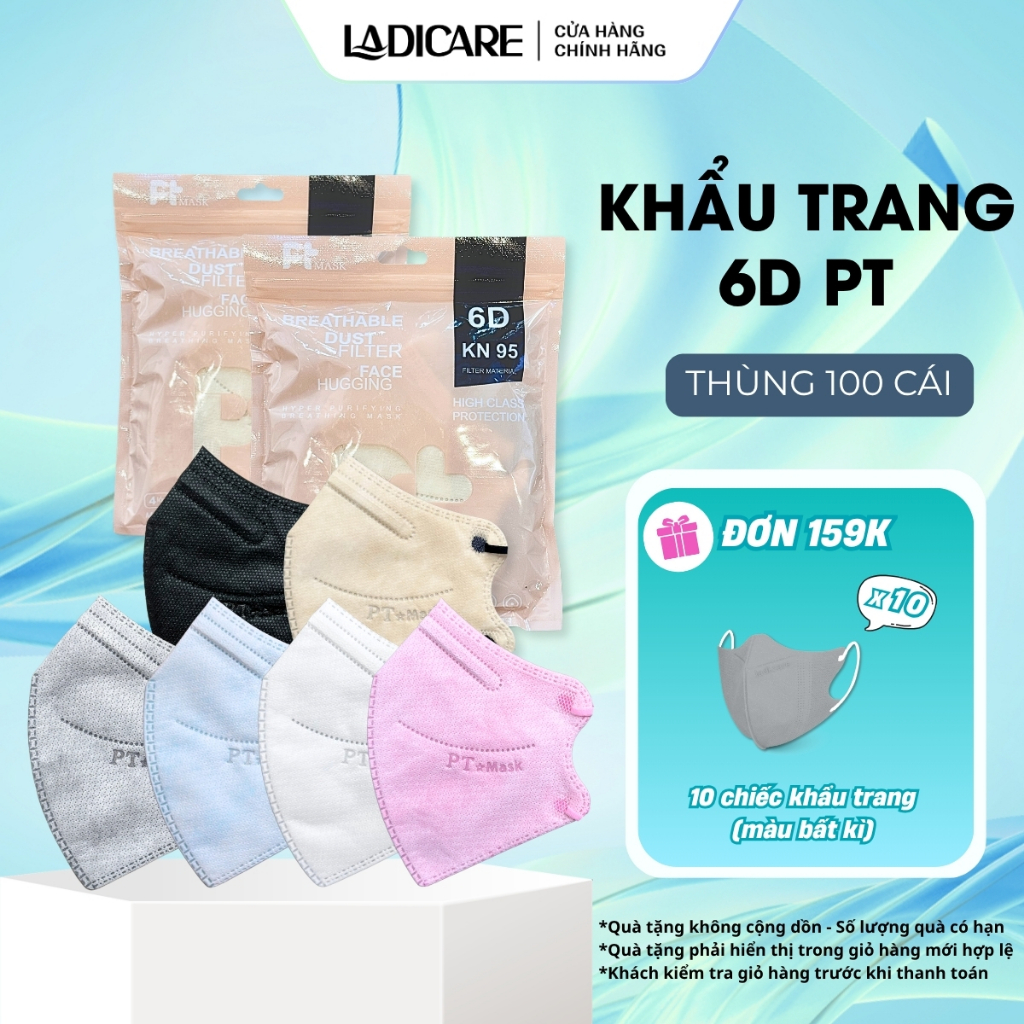 [Thùng 100 Cái] Khẩu trang 6D PT 4 lớp kháng khuẩn phiên bản TÚI mới chính hãng Công Ty