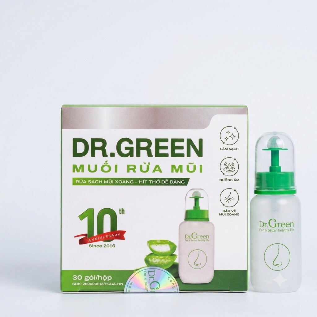 Bình rửa mũi Dr Green đầu rửa silicon và 10 gói muối