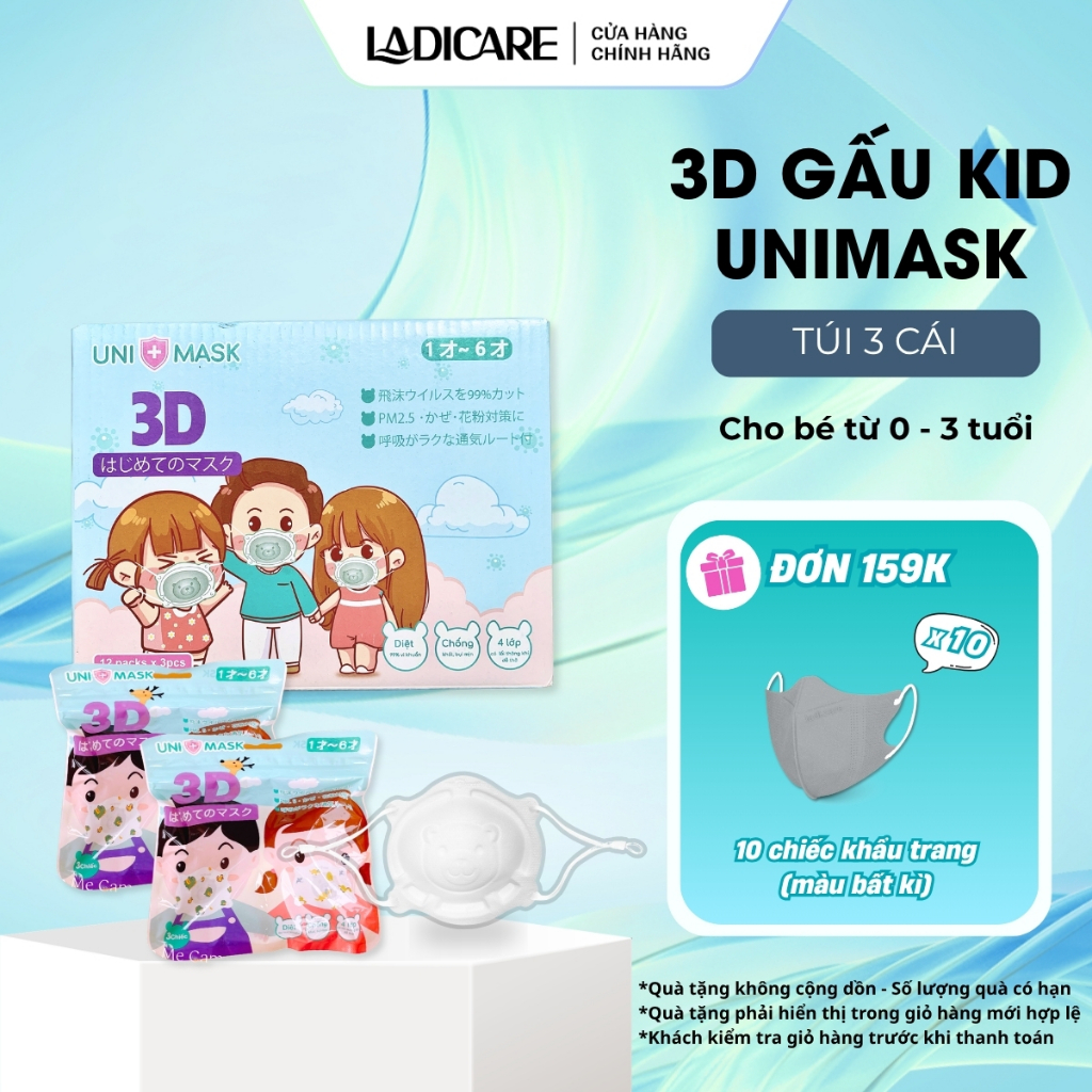 [Túi 3 Cái] Khẩu trang gấu Uni Mask cho bé sơ sinh 0 đến 3 tuổi công nghệ Nhật Bản hàng chính hãng