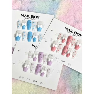 Móng tay giả nail box thiết kế đính charm nơ vẽ trái tim tiểu thư xinh xắn đủ màu hồng, xanh, tím kèm keo dũa đầy đủ