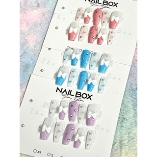 Móng tay giả nail box thiết kế đính charm nơ vẽ trái tim tiểu thư xinh xắn đủ màu hồng, xanh, tím kèm keo dũa đầy đủ