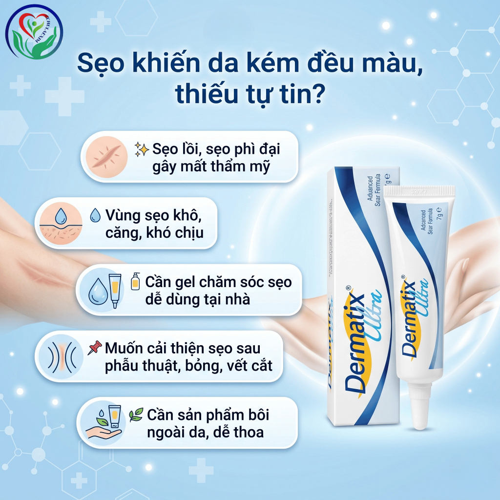 Dermatix Ultra Gel 7g gel silicone hỗ trợ cải thiện sẹo lồi, sẹo phì đại, sẹo phẫu thuật