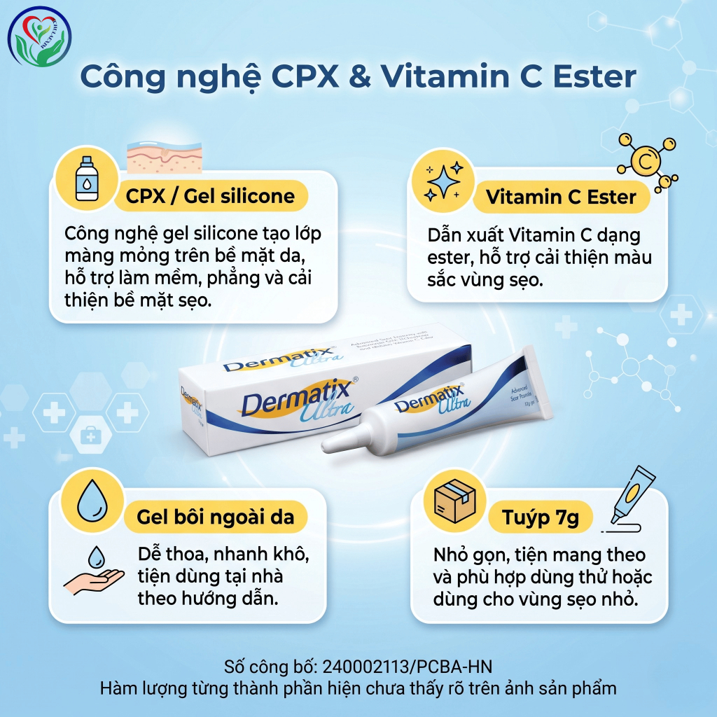 Dermatix Ultra Gel 7g gel silicone hỗ trợ cải thiện sẹo lồi, sẹo phì đại, sẹo phẫu thuật