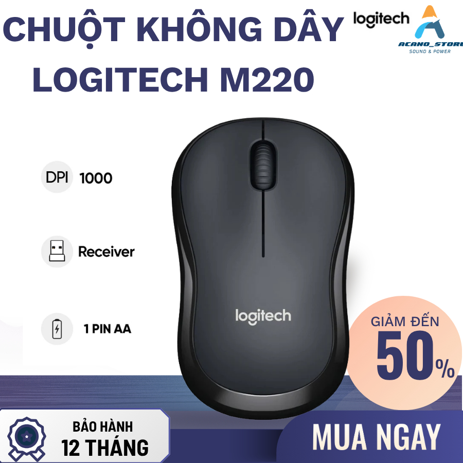 Chuột Không Dây Silent Logitech M220 Chính Hãng - Giảm ồn 90% Kết nối qua USB 2.0, Nhẹ Gọn, Pin Trâu