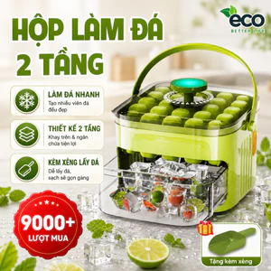 Hộp Làm Đá Viên 2 Tầng Thông Minh Nhấn Tự Động, Khay Làm Đá Nắp Đậy Kín Có Tay Cầm Tiện Lợi