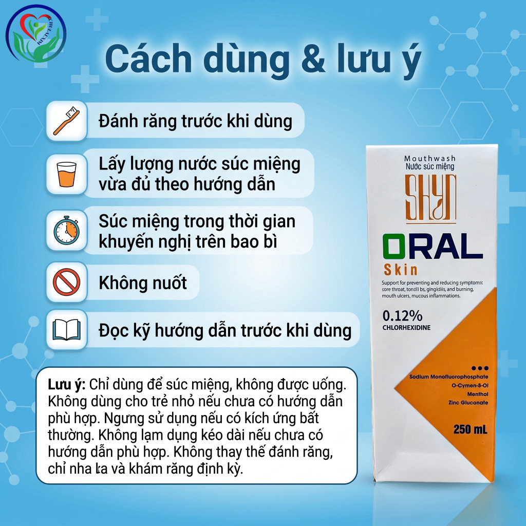 Nước súc miệng SHYN Oral Skin 250ml Chlorhexidine 0.12% hỗ trợ giảm mảng bám, chăm sóc nướu