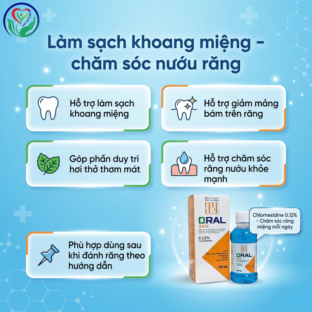 Nước súc miệng SHYN Oral Skin 250ml Chlorhexidine 0.12% hỗ trợ giảm mảng bám, chăm sóc nướu