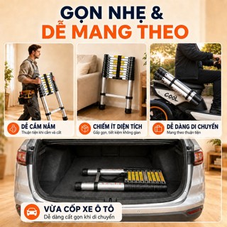 Thang Rút Đơn 3.2M 3.8M 4.1M 4.4M 5.0M 5.4M 5.9M REAIM Thang Rút Nhôm Inox tải 300kg an toàn cho gia đình
