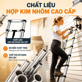 Thang Rút Đơn 3.2M 3.8M 4.1M 4.4M 5.0M 5.4M 5.9M REAIM Thang Rút Nhôm Inox tải 300kg an toàn cho gia đình